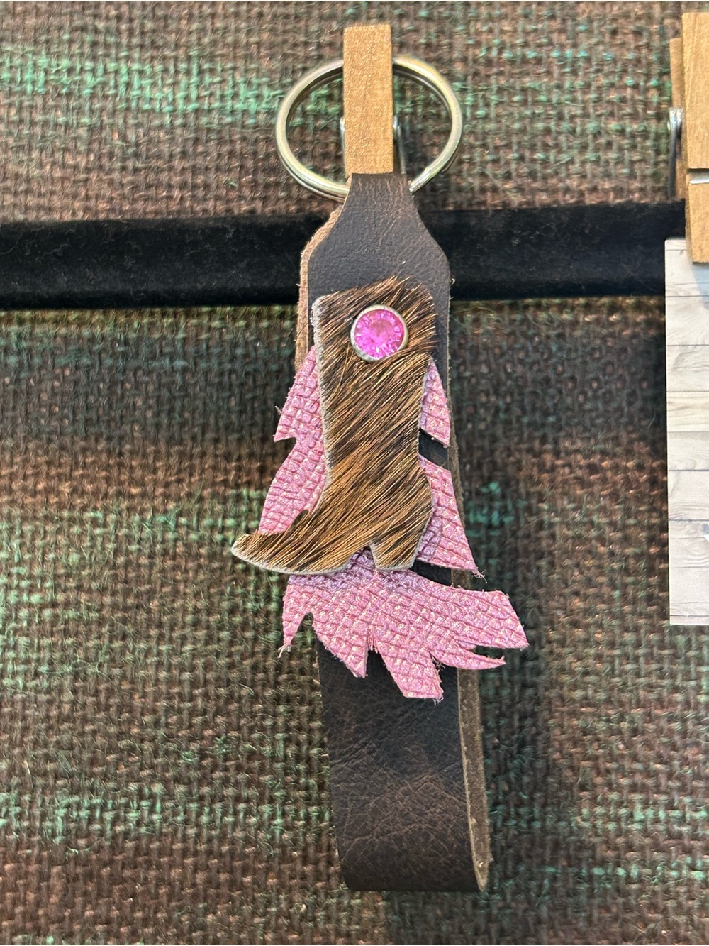 Handmade Leather Keychain with Pink Feather & Cowhide Boot Accent